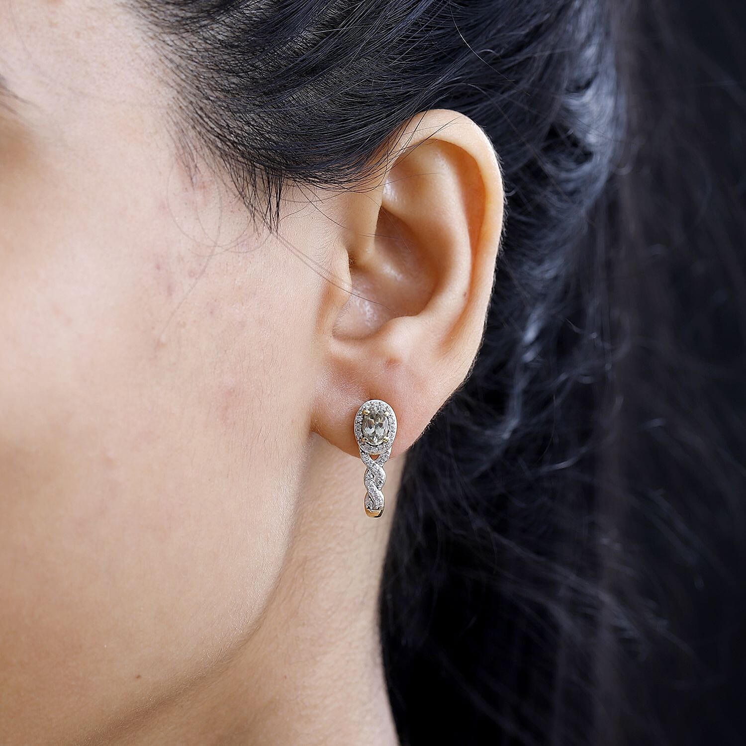 AAA Turkizite and White Zircon J-Hoop Earrings in 18K Vermeil Yellow Gold Over Sterling Silver 1.70 ctw