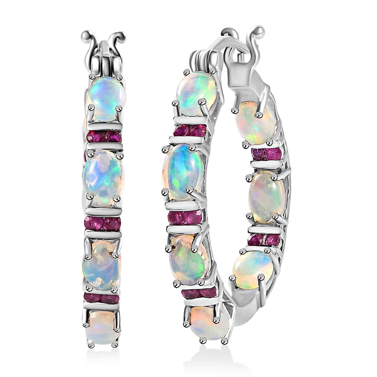 Premium Ethiopian Welo Opal and Ruby Hoop Earrings in Platinum Over Sterling Silver 5.40 ctw image number 0