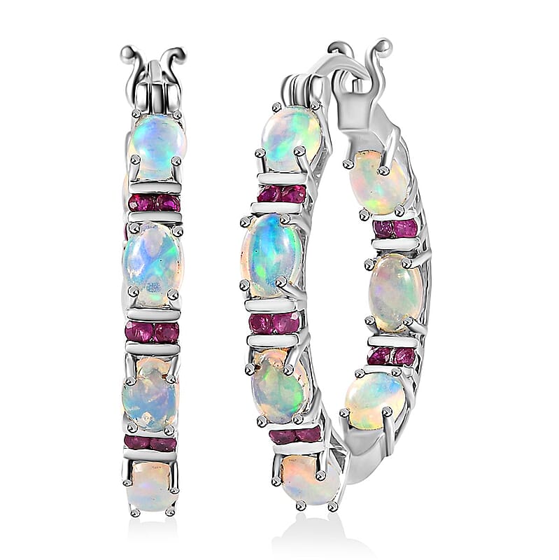 D'Joy Premium Ethiopian Welo Opal and Ruby Hoop Earrings in Platinum Over Sterling Silver 5.40 ctw