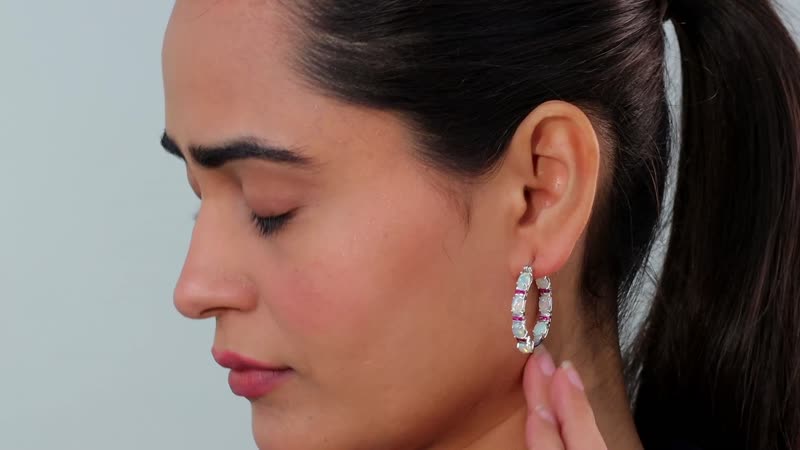 D'Joy Premium Ethiopian Welo Opal and Ruby Hoop Earrings in Platinum Over Sterling Silver 5.40 ctw