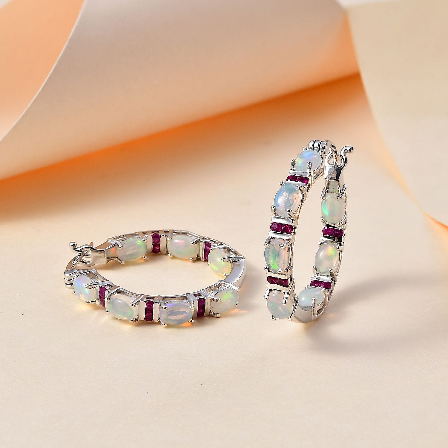 D'Joy Premium Ethiopian Welo Opal and Ruby Hoop Earrings in Platinum Over Sterling Silver 5.40 ctw
