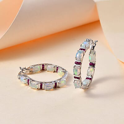 D'Joy Premium Ethiopian Welo Opal and Ruby Hoop Earrings in Platinum Over Sterling Silver 5.40 ctw