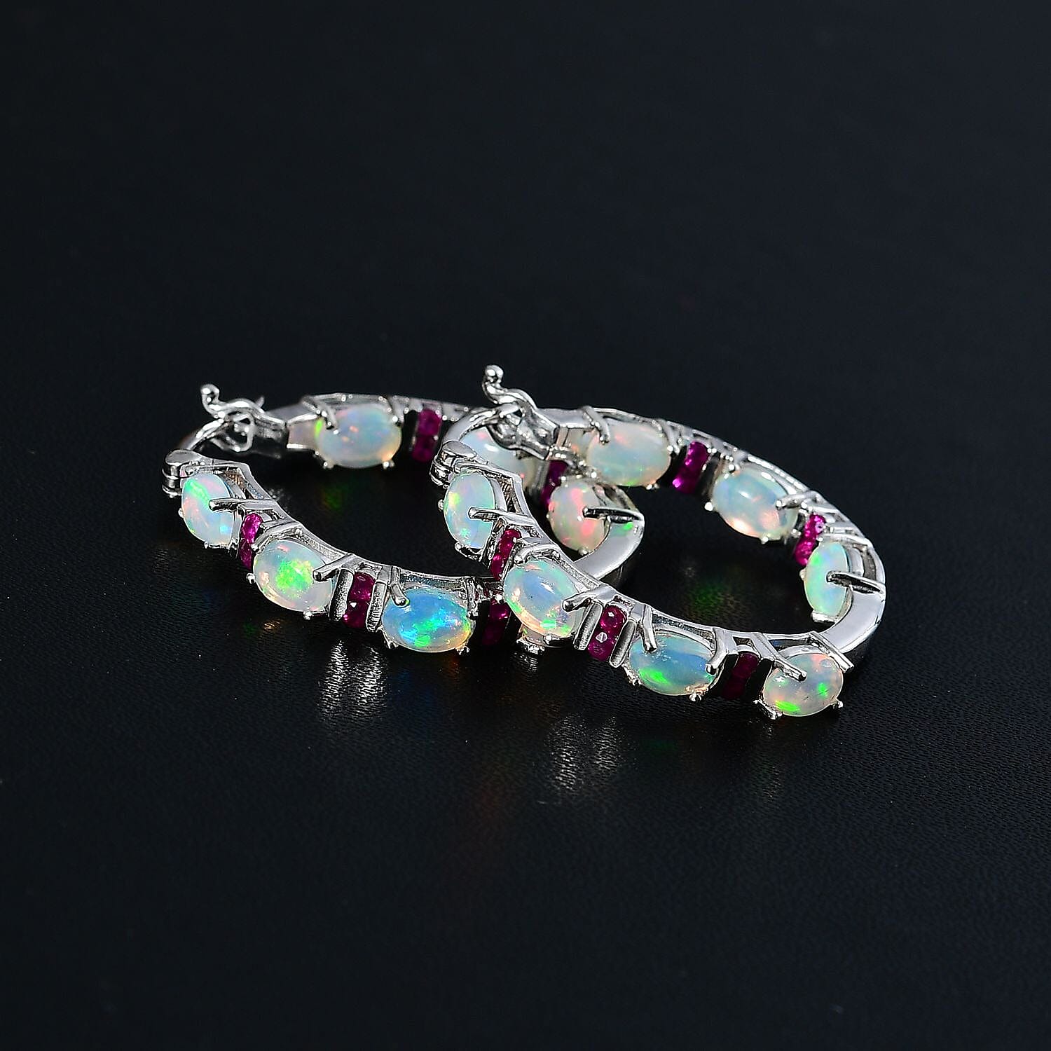 D'Joy Premium Ethiopian Welo Opal and Ruby Hoop Earrings in Platinum Over Sterling Silver 5.40 ctw