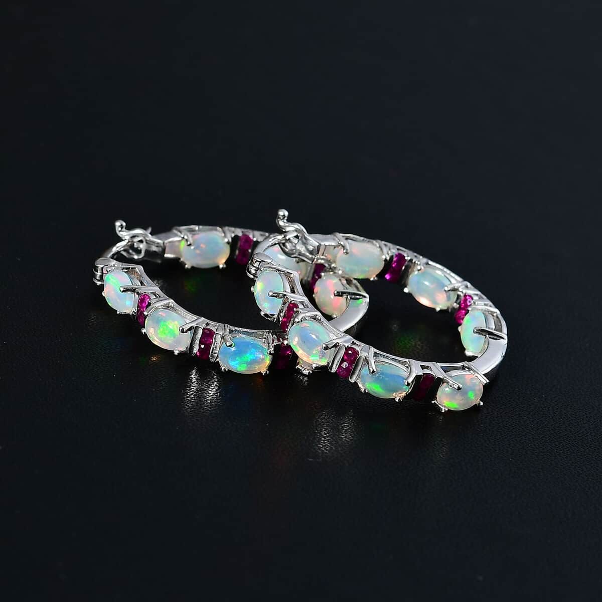 Premium Ethiopian Welo Opal and Ruby Hoop Earrings in Platinum Over Sterling Silver 5.40 ctw image number 2
