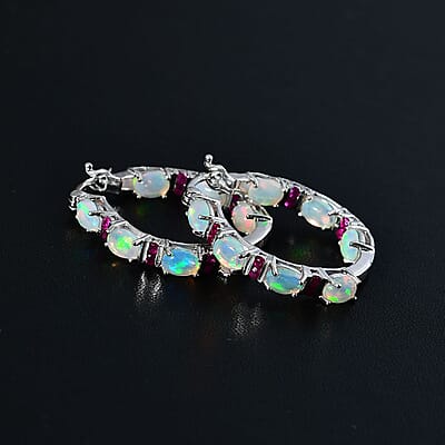 D'Joy Premium Ethiopian Welo Opal and Ruby Hoop Earrings in Platinum Over Sterling Silver 5.40 ctw
