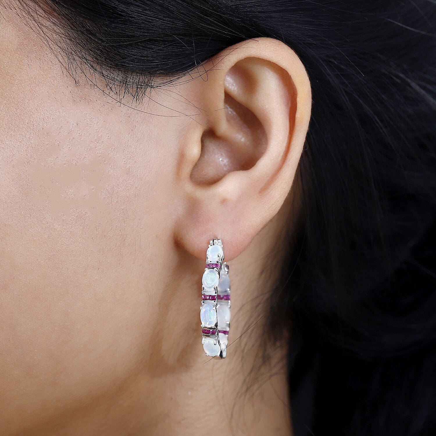 D'Joy Premium Ethiopian Welo Opal and Ruby Hoop Earrings in Platinum Over Sterling Silver 5.40 ctw