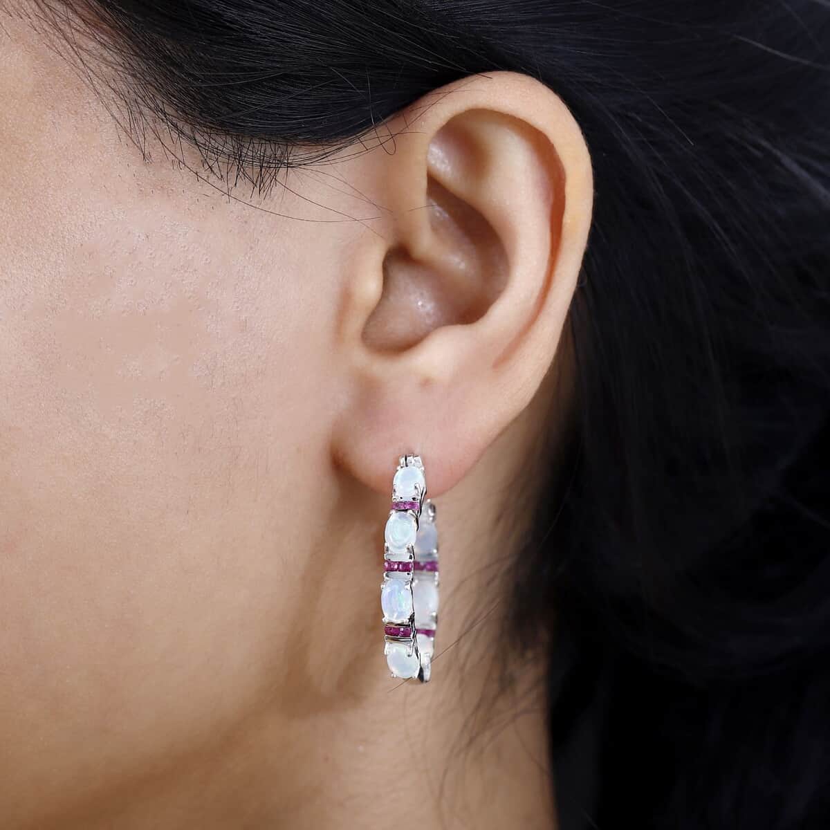 Premium Ethiopian Welo Opal and Ruby Hoop Earrings in Platinum Over Sterling Silver 5.40 ctw image number 3