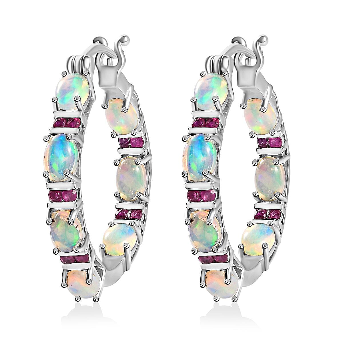 D'Joy Premium Ethiopian Welo Opal and Ruby Hoop Earrings in Platinum Over Sterling Silver 5.40 ctw