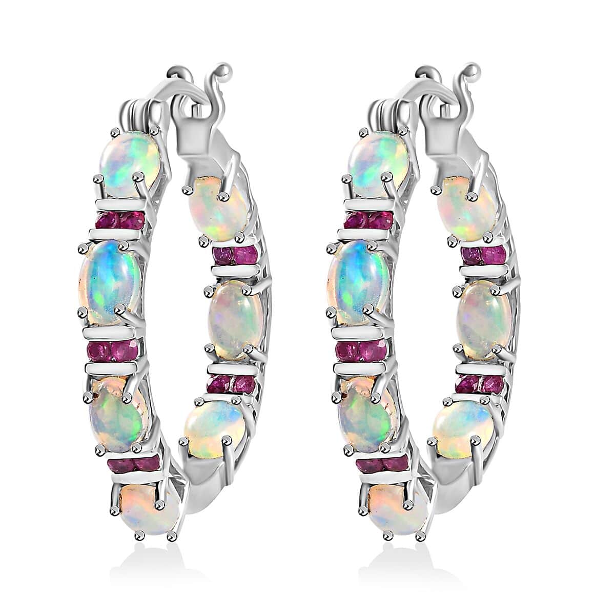 Premium Ethiopian Welo Opal and Ruby Hoop Earrings in Platinum Over Sterling Silver 5.40 ctw image number 4