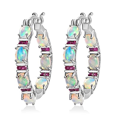 D'Joy Premium Ethiopian Welo Opal and Ruby Hoop Earrings in Platinum Over Sterling Silver 5.40 ctw