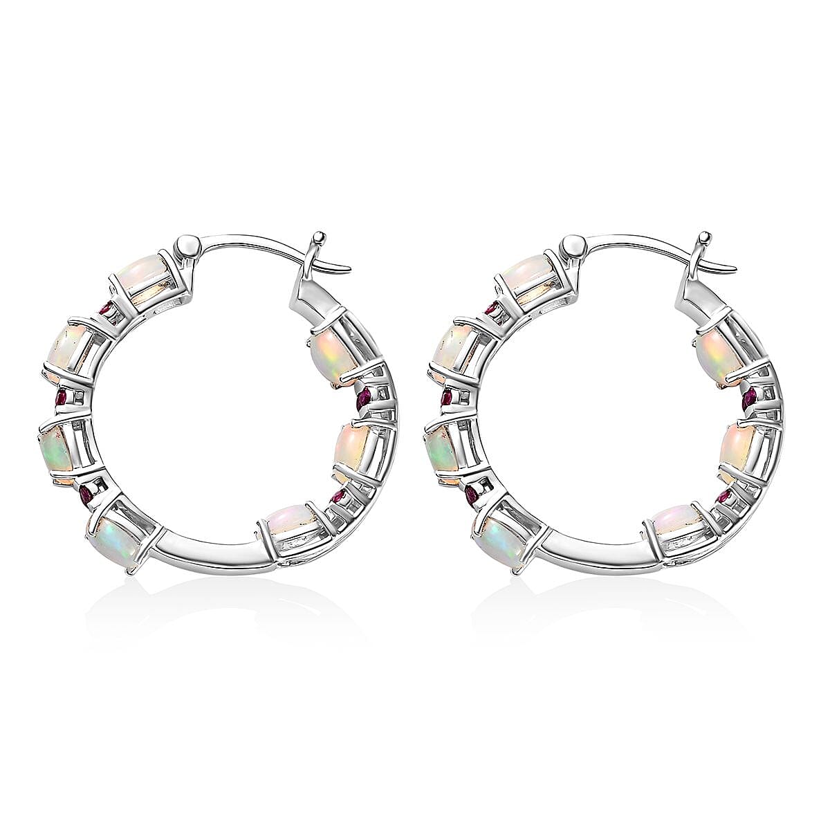 D'Joy Premium Ethiopian Welo Opal and Ruby Hoop Earrings in Platinum Over Sterling Silver 5.40 ctw