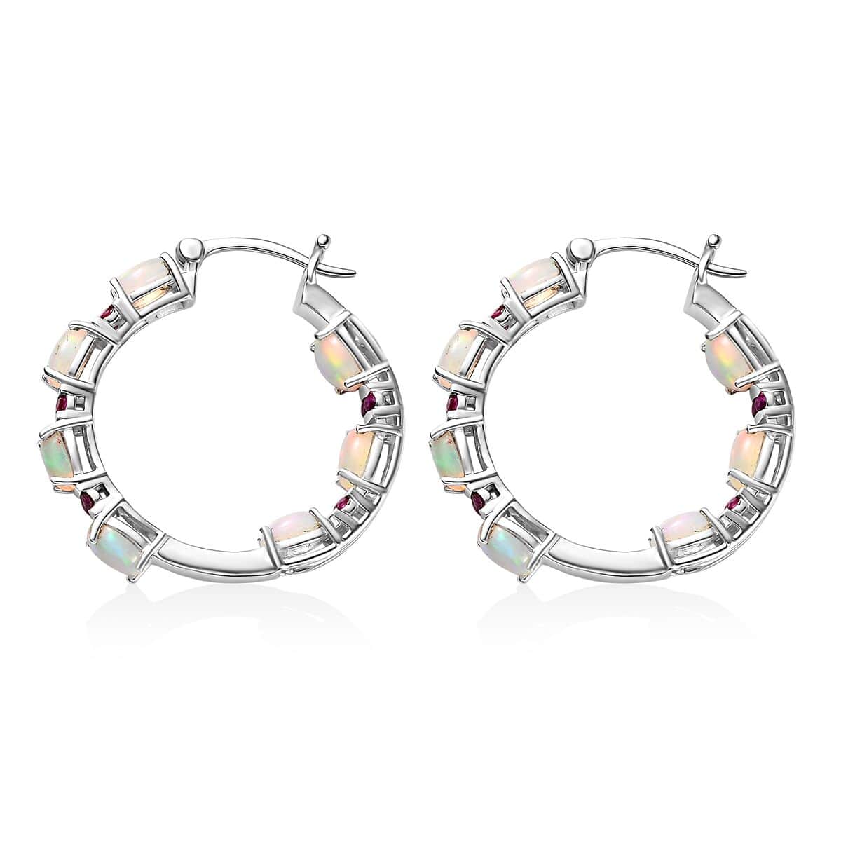 Premium Ethiopian Welo Opal and Ruby Hoop Earrings in Platinum Over Sterling Silver 5.40 ctw image number 5