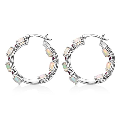 D'Joy Premium Ethiopian Welo Opal and Ruby Hoop Earrings in Platinum Over Sterling Silver 5.40 ctw