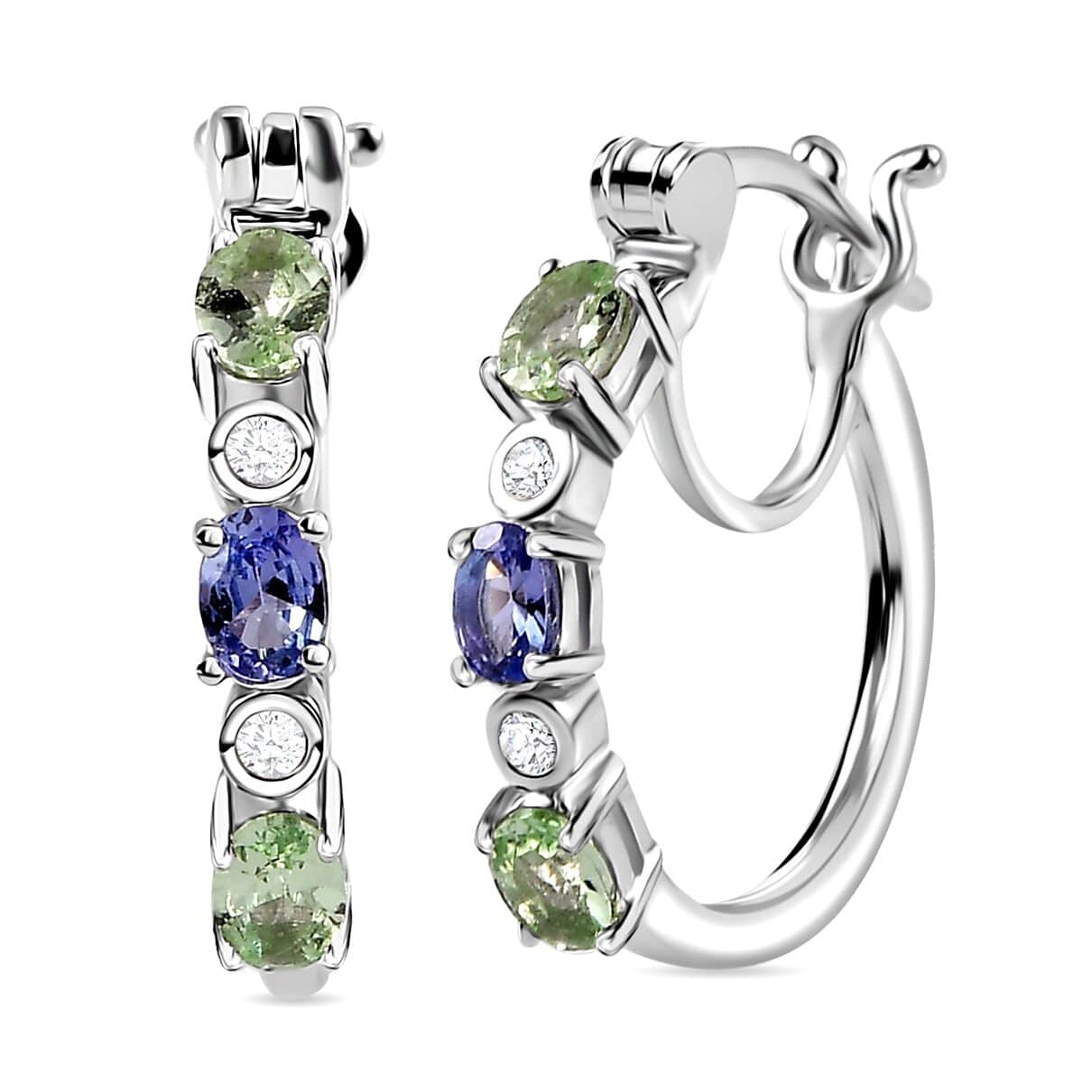 Brazilian Mint Garnet and Multi Gemstone Art Deco Hoop Earrings in Rhodium Over Sterling Silver 1.15 ctw image number 0