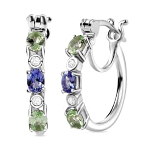 Brazilian Mint Garnet and Multi Gemstone Art Deco Hoop Earrings in Rhodium Over Sterling Silver 1.15 ctw