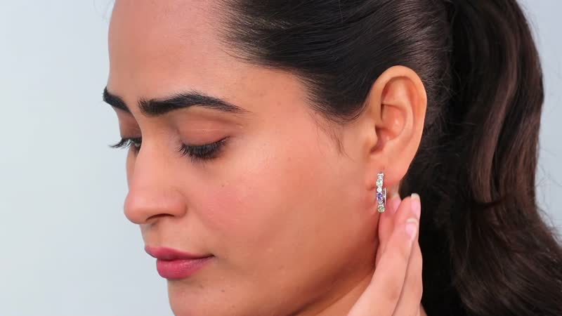 Brazilian Mint Garnet and Multi Gemstone Art Deco Hoop Earrings in Rhodium Over Sterling Silver 1.15 ctw