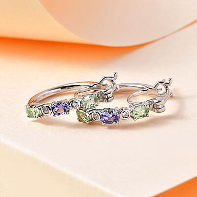 Brazilian Mint Garnet and Multi Gemstone Art Deco Hoop Earrings in Rhodium Over Sterling Silver 1.15 ctw