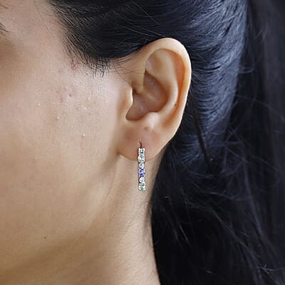 Brazilian Mint Garnet and Multi Gemstone Art Deco Hoop Earrings in Rhodium Over Sterling Silver 1.15 ctw