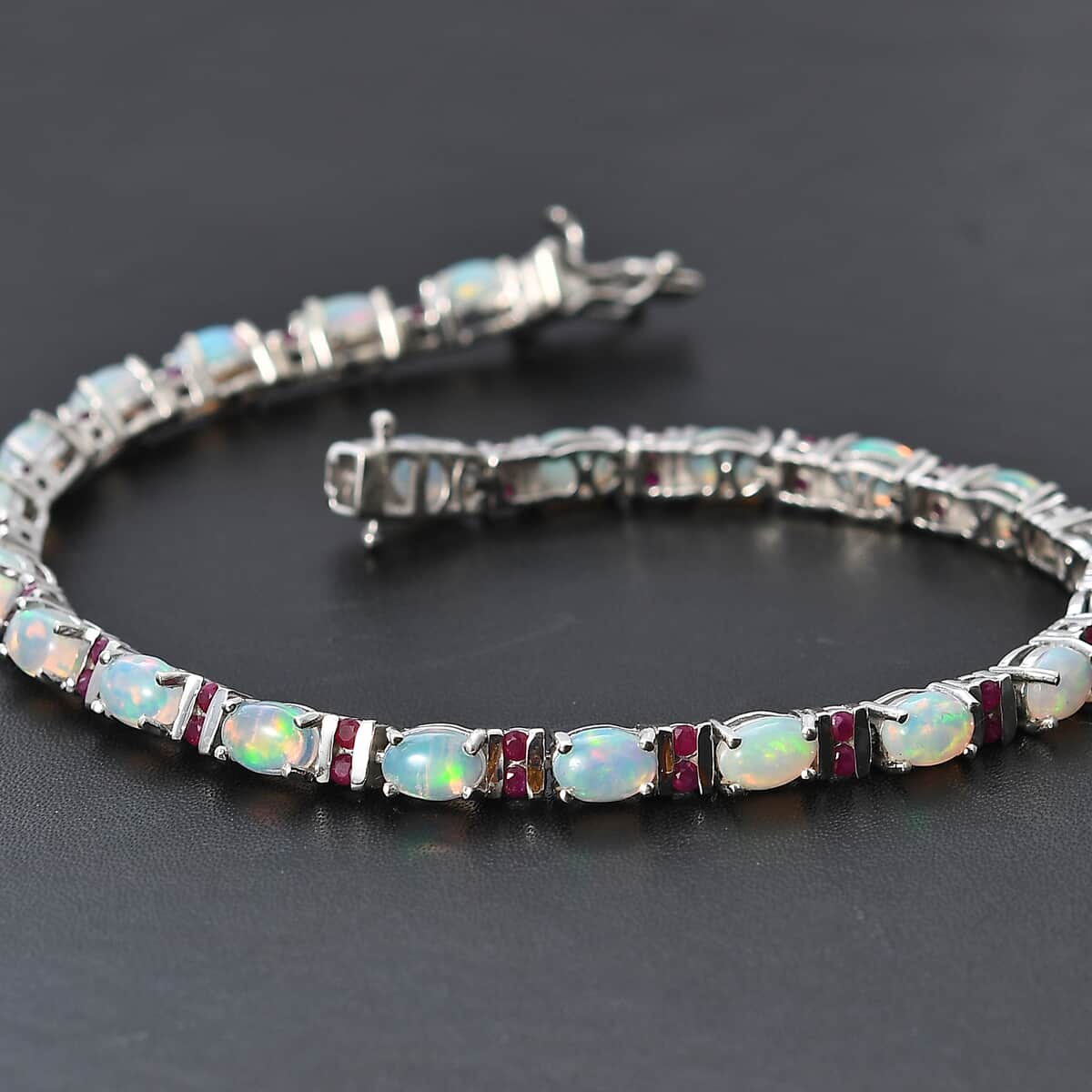 Premium Ethiopian Welo Opal and Niassa Ruby (FF) Tennis Bracelet in Platinum Over Sterling Silver (8.00 In) 8.80 ctw image number 1