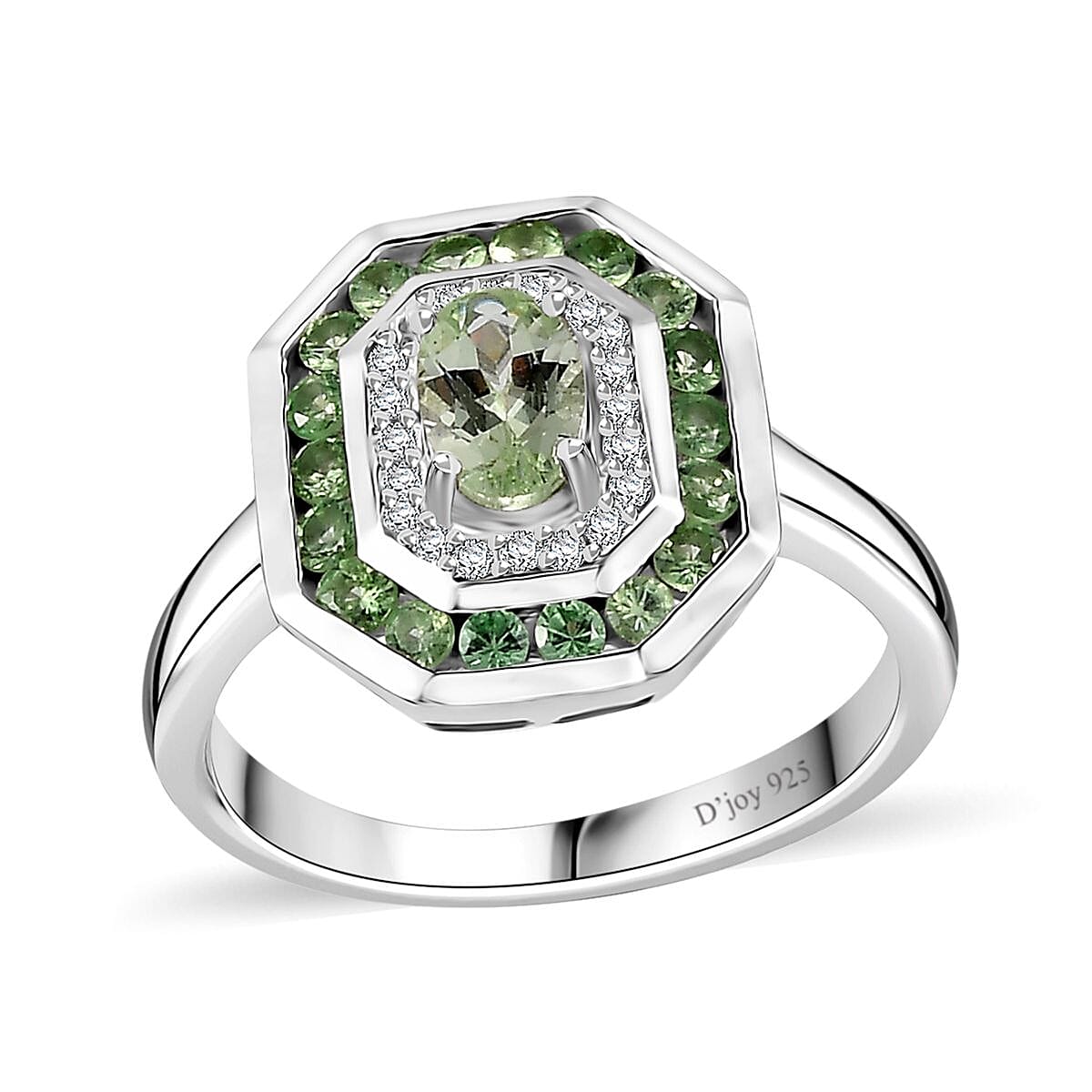Brazilian Mint Garnet and White Zircon Art Deco Ring in Rhodium Over Sterling Silver (Size 5.0) 1.15 ctw image number 0