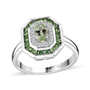 Brazilian Mint Garnet and White Zircon Art Deco Ring in Rhodium Over Sterling Silver (Size 5.0) 1.15 ctw