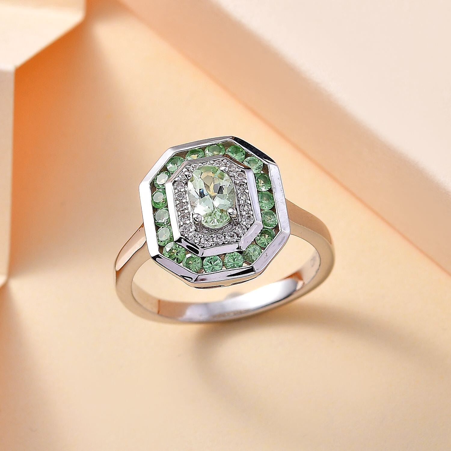 Brazilian Mint Garnet and White Zircon Art Deco Ring in Rhodium Over Sterling Silver (Size 5.0) 1.15 ctw