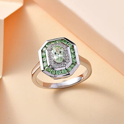 Brazilian Mint Garnet and White Zircon Art Deco Ring in Rhodium Over Sterling Silver (Size 5.0) 1.15 ctw