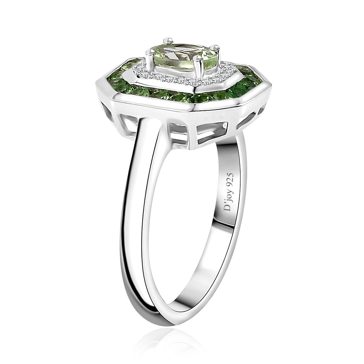 Brazilian Mint Garnet and White Zircon Art Deco Ring in Rhodium Over Sterling Silver (Size 5.0) 1.15 ctw image number 3