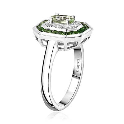 Brazilian Mint Garnet and White Zircon Art Deco Ring in Rhodium Over Sterling Silver (Size 5.0) 1.15 ctw