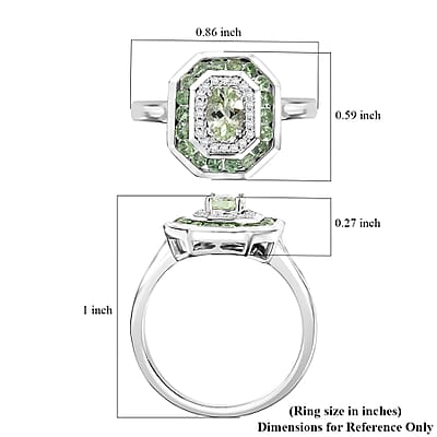 Brazilian Mint Garnet and White Zircon Art Deco Ring in Rhodium Over Sterling Silver (Size 5.0) 1.15 ctw
