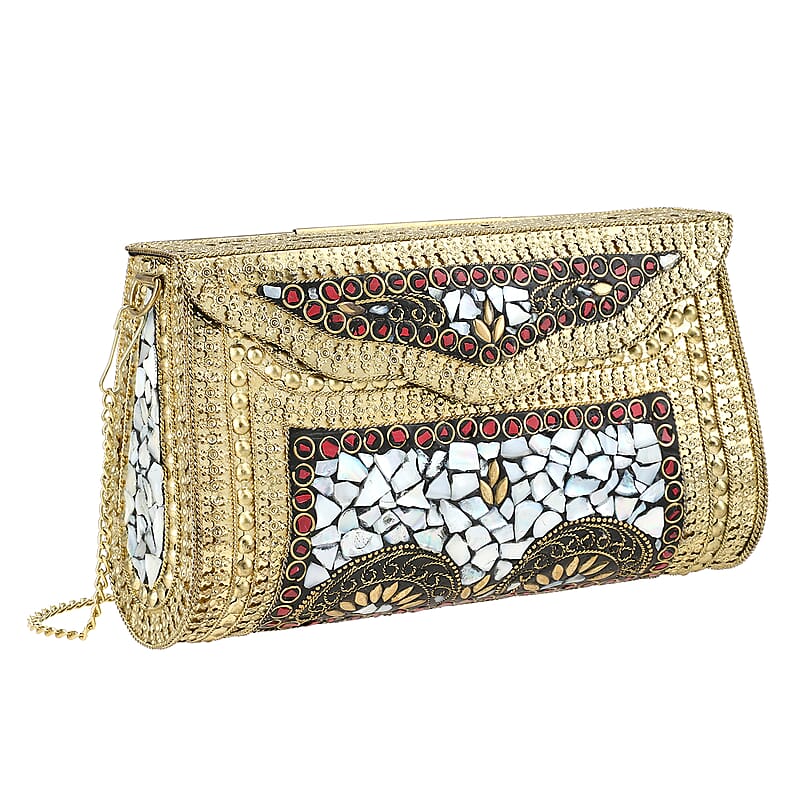 Handmade MOP Inlay and Beads Work Metal Cluth Sling Bag - Golden