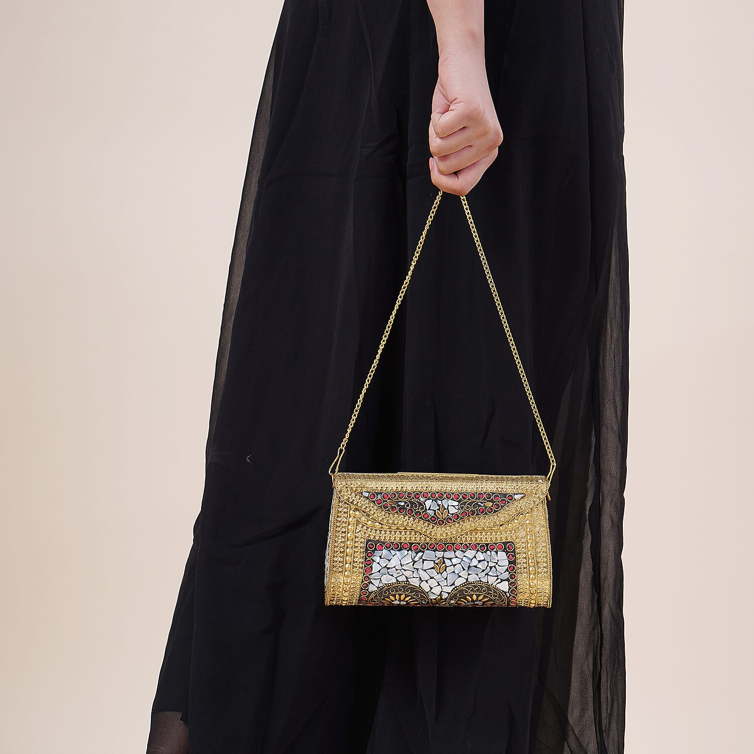 Handmade MOP Inlay and Beads Work Metal Cluth Sling Bag - Golden