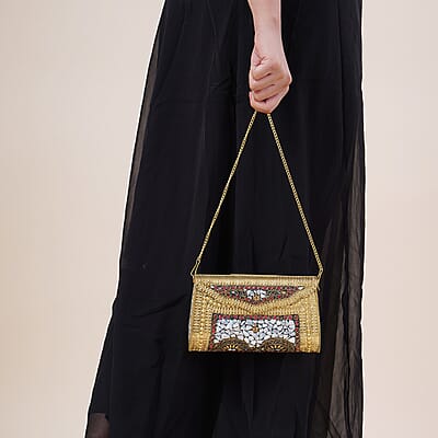 Handmade MOP Inlay and Beads Work Metal Cluth Sling Bag - Golden