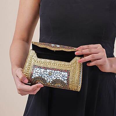 Handmade MOP Inlay and Beads Work Metal Cluth Sling Bag - Golden