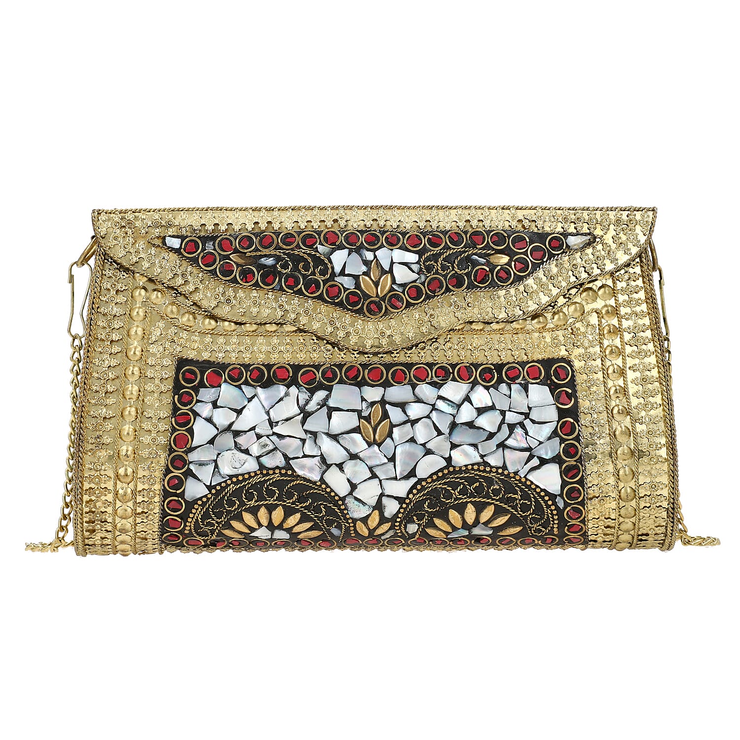 Handmade MOP Inlay and Beads Work Metal Cluth Sling Bag - Golden