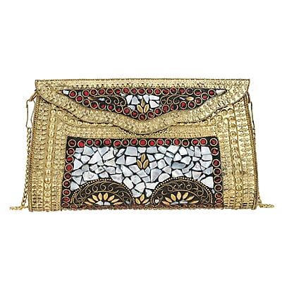 Handmade MOP Inlay and Beads Work Metal Cluth Sling Bag - Golden