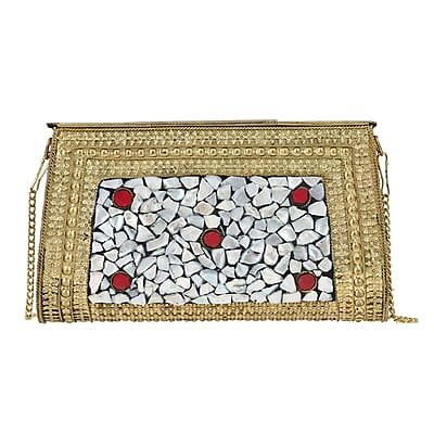 Handmade MOP Inlay and Beads Work Metal Cluth Sling Bag - Golden
