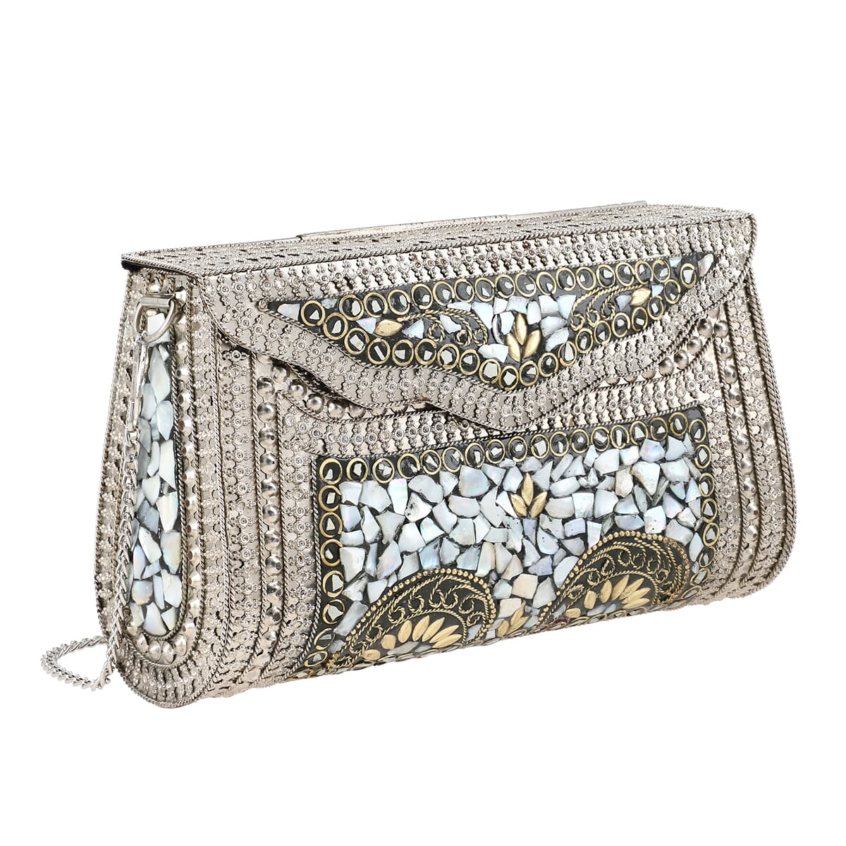 Handmade MOP Inlay and Beads Work Metal Cluth Sling Bag - Silver Color image number 0