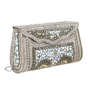 Handmade MOP Inlay and Beads Work Metal Cluth Sling Bag - Silver Color
