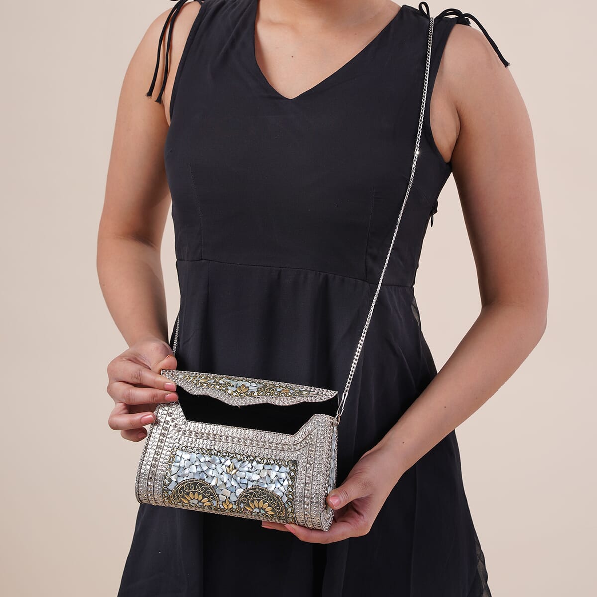 Handmade MOP Inlay and Beads Work Metal Cluth Sling Bag - Silver Color image number 2