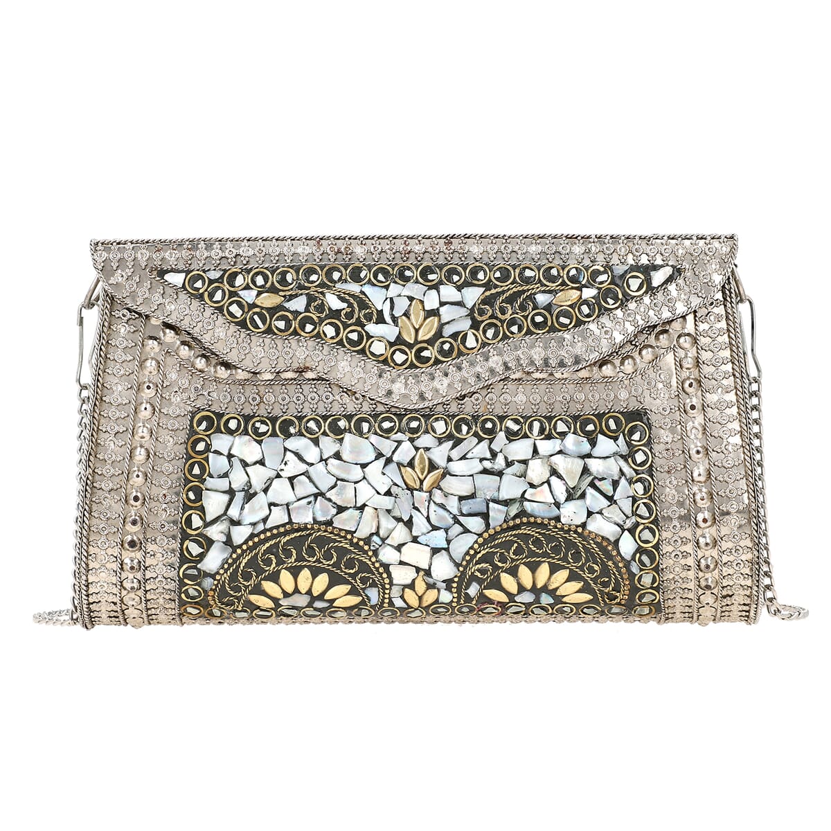 Handmade MOP Inlay and Beads Work Metal Cluth Sling Bag - Silver Color image number 4