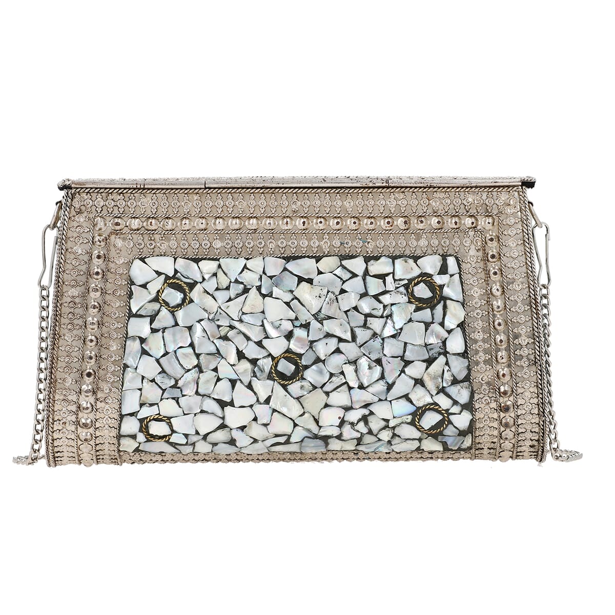 Handmade MOP Inlay and Beads Work Metal Cluth Sling Bag - Silver Color image number 5