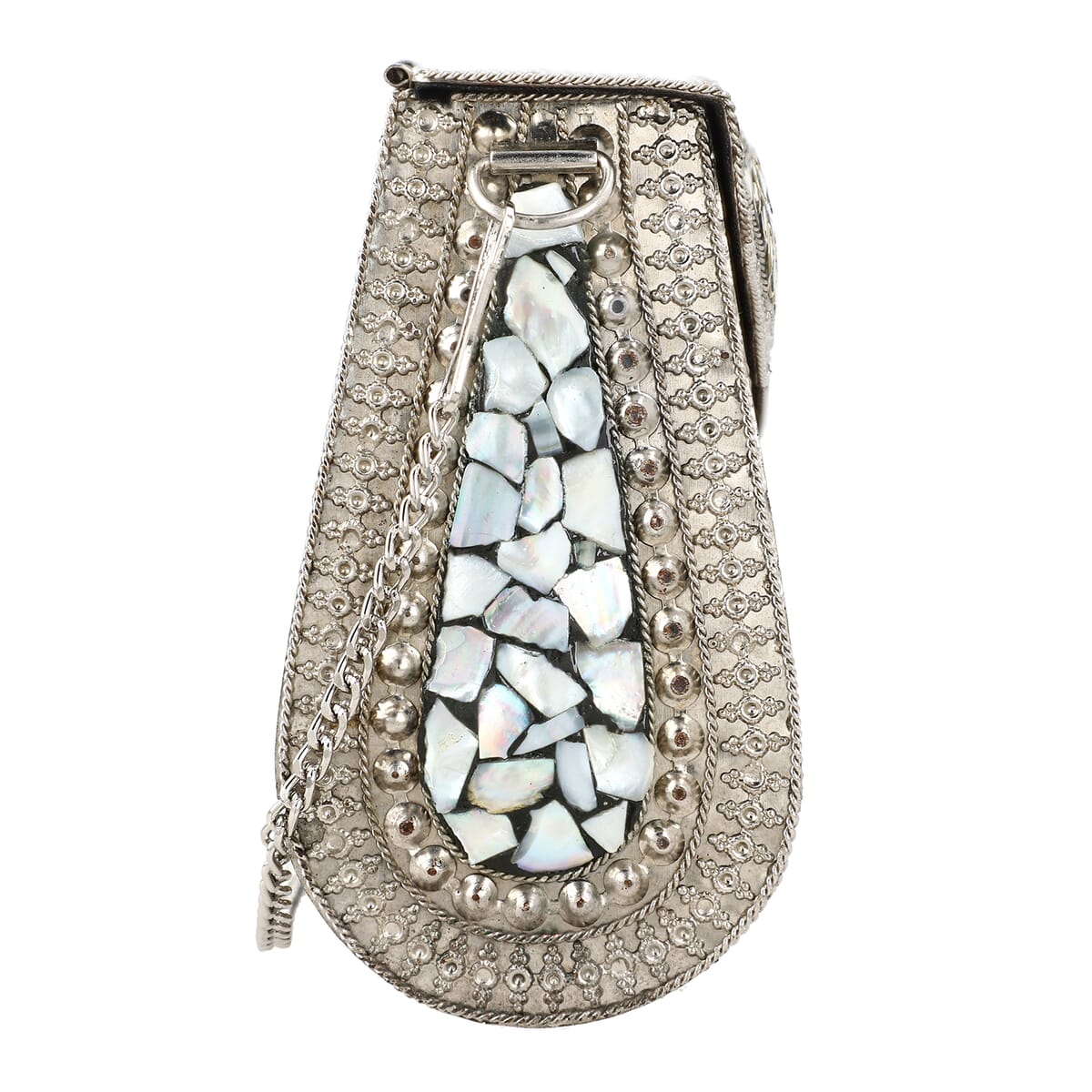 Handmade MOP Inlay and Beads Work Metal Cluth Sling Bag - Silver Color image number 6