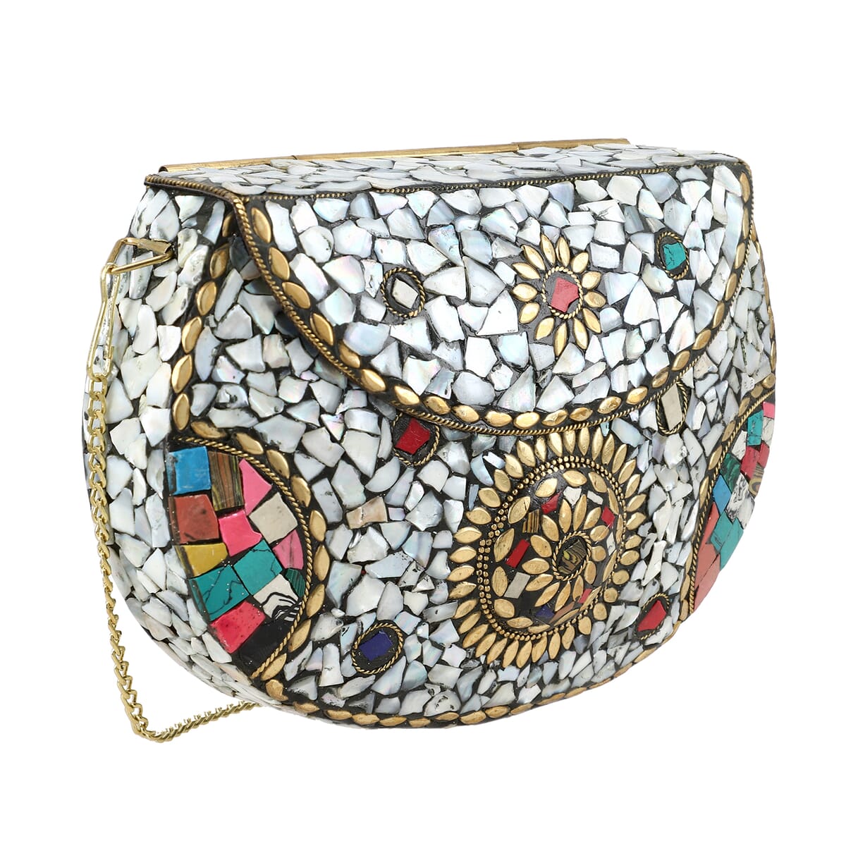 Handmade Metal Cluth Sling Bag with MOP inlay and Bead Work Color- Golden Size-5 x 7 Inch image number 0