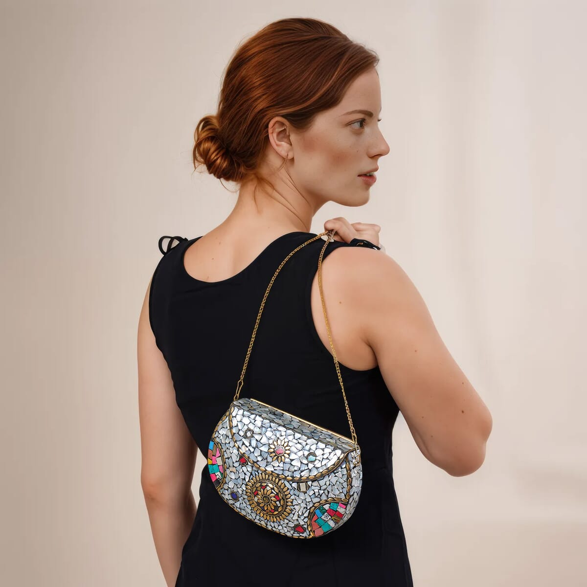 Handmade Metal Cluth Sling Bag with MOP inlay and Bead Work Color- Golden Size-5 x 7 Inch image number 2