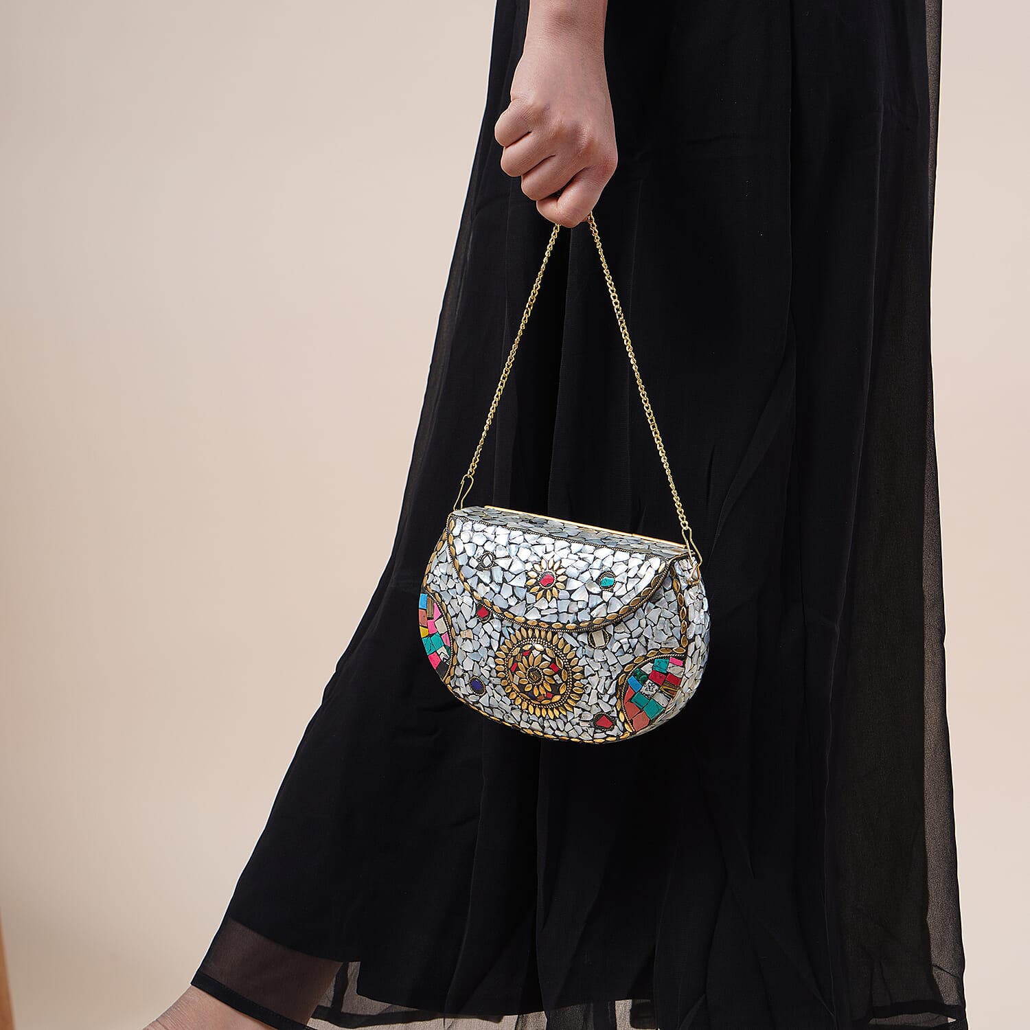 Handmade MOP Inlay and Beads Work Metal Cluth Sling Bag - Golden