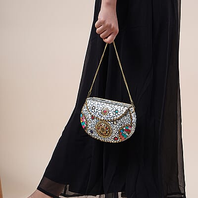 Handmade MOP Inlay and Beads Work Metal Cluth Sling Bag - Golden