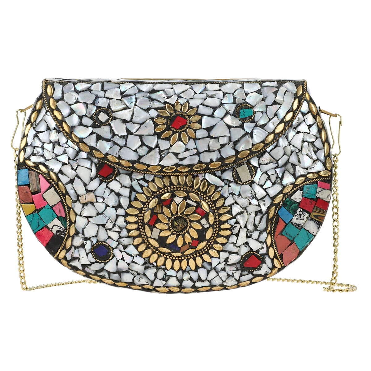 Handmade Metal Cluth Sling Bag with MOP inlay and Bead Work Color- Golden Size-5 x 7 Inch image number 4