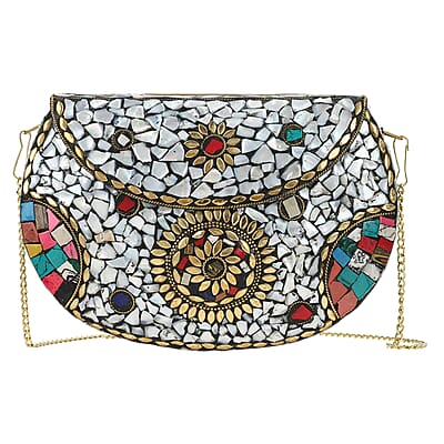 Handmade MOP Inlay and Beads Work Metal Cluth Sling Bag - Golden