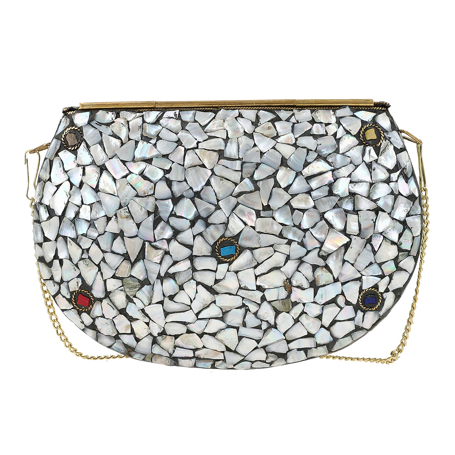 Handmade MOP Inlay and Beads Work Metal Cluth Sling Bag - Golden